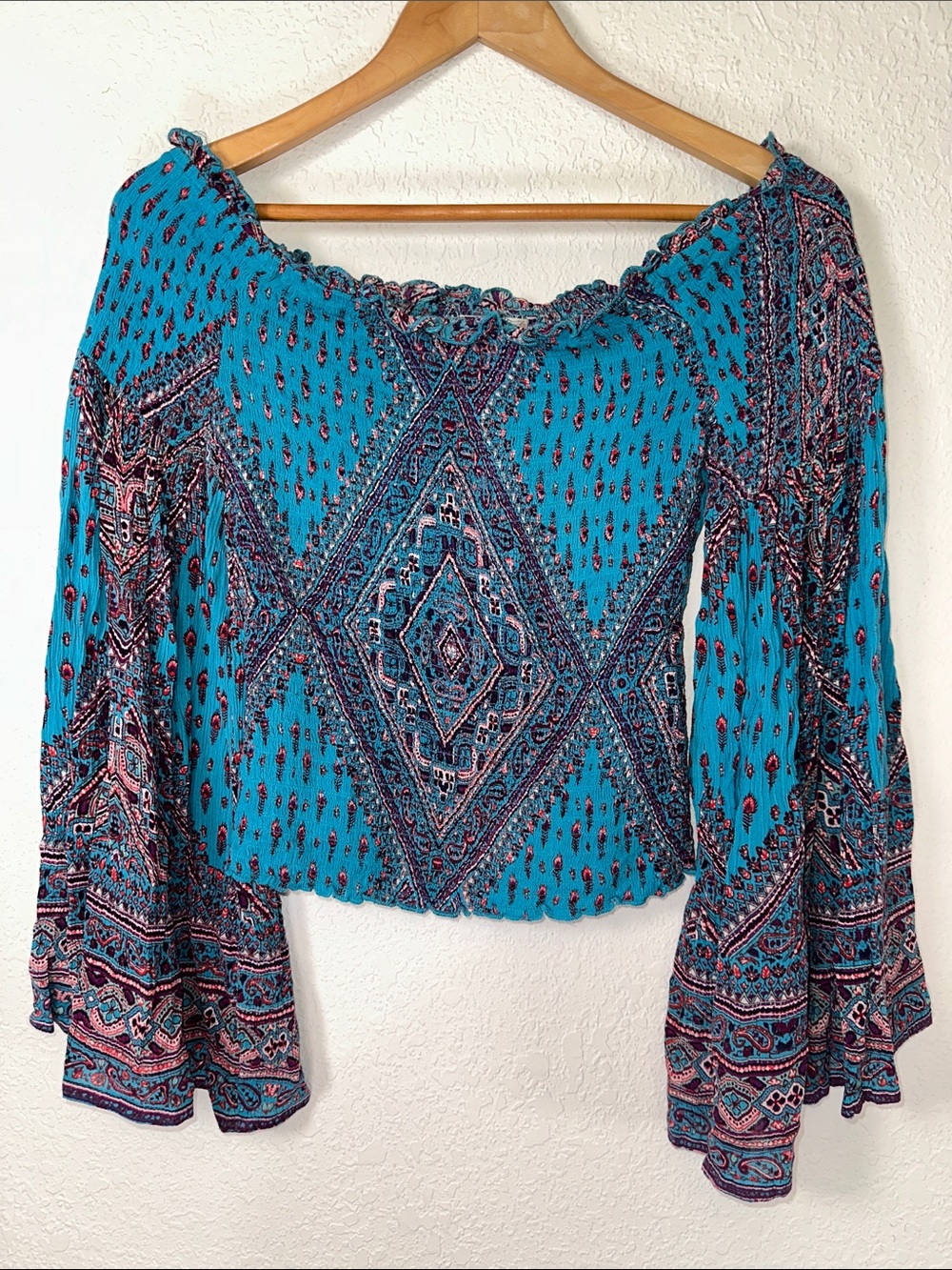 Altard State Turquoise Smocked Top with Drape Sleeves